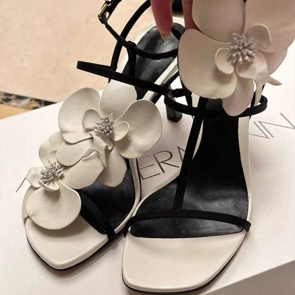 Black Elegant Women's Floral Open Square Toe High Heel Sandals - Picture 5 of 7